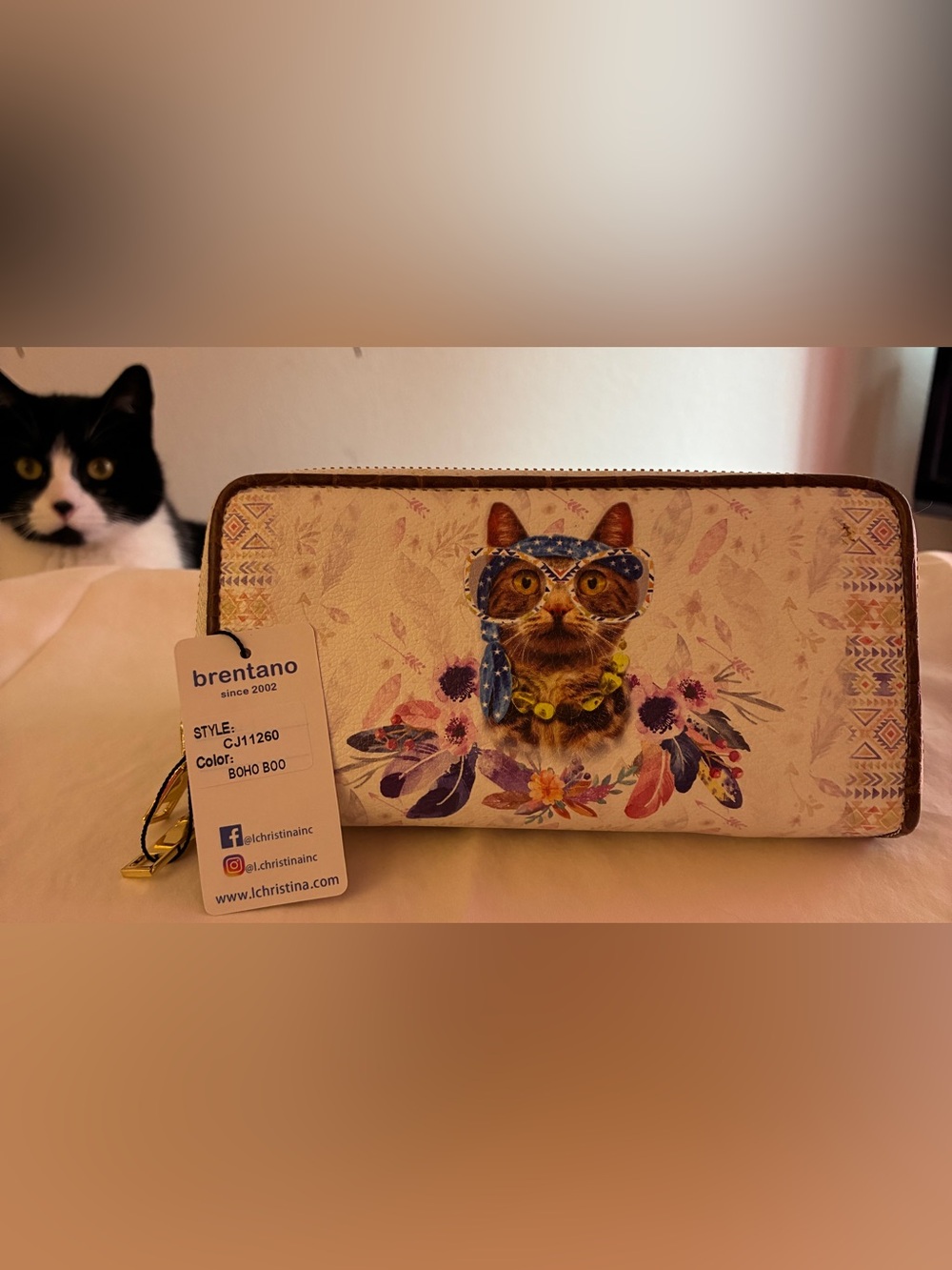 Brentano Boho Boo Feline Double Zip Wristlet Wallet 8” x 4”